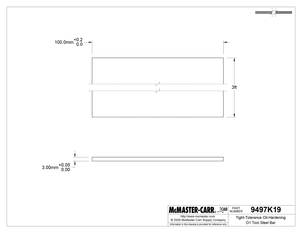 Technical Drawing of Tight-Tolerance Oil-Hardening O1 Tool Steel Bar, 3 mm Thick, 100 mm Wide, 3 Feet Long.